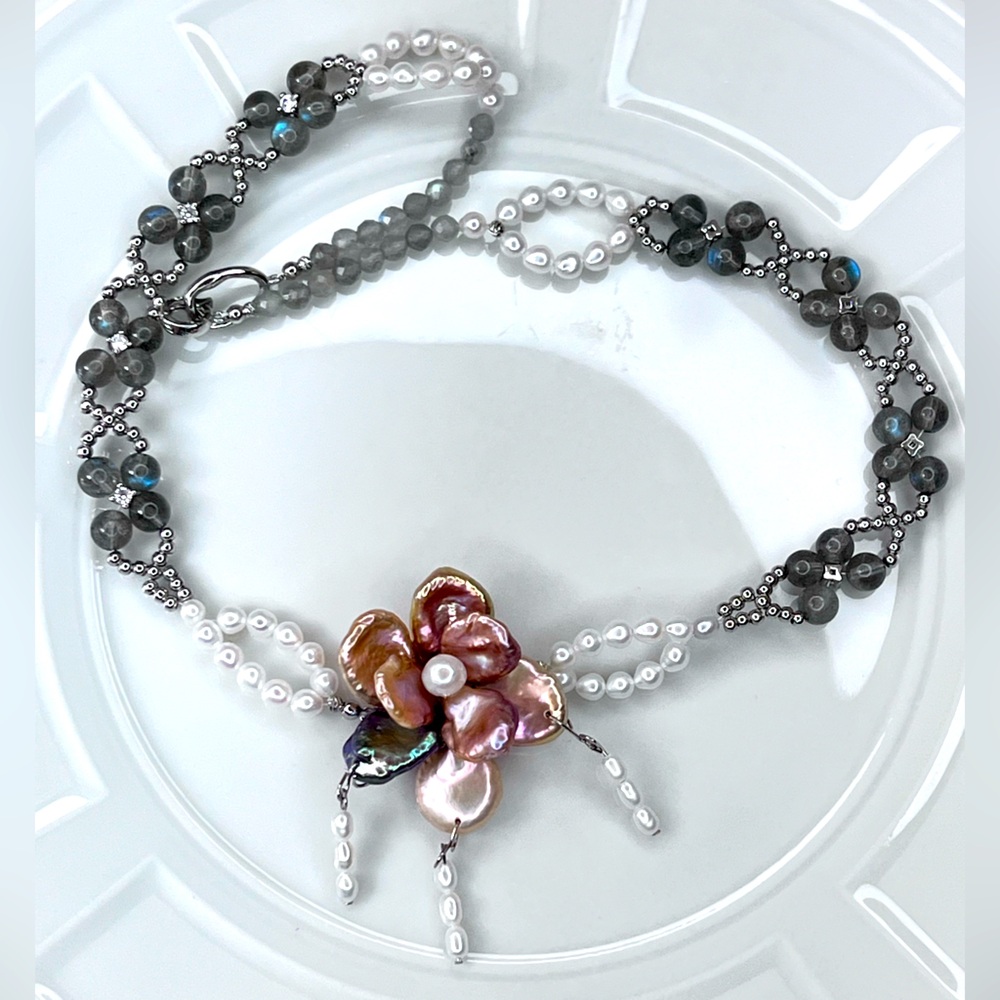 Handmade Premium Freshwater Keshi Pearl Flower 🌺 Moonstone Braided Necklace